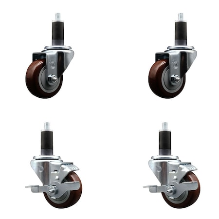 Service Caster 3'' SS Maroon Poly Wheel Swivel 1-1/4'' Expanding Stem Caster Set 2 Brakes, 4PK SCC-SSEX20S314-PPUB-MRN-2-TLB-2-114